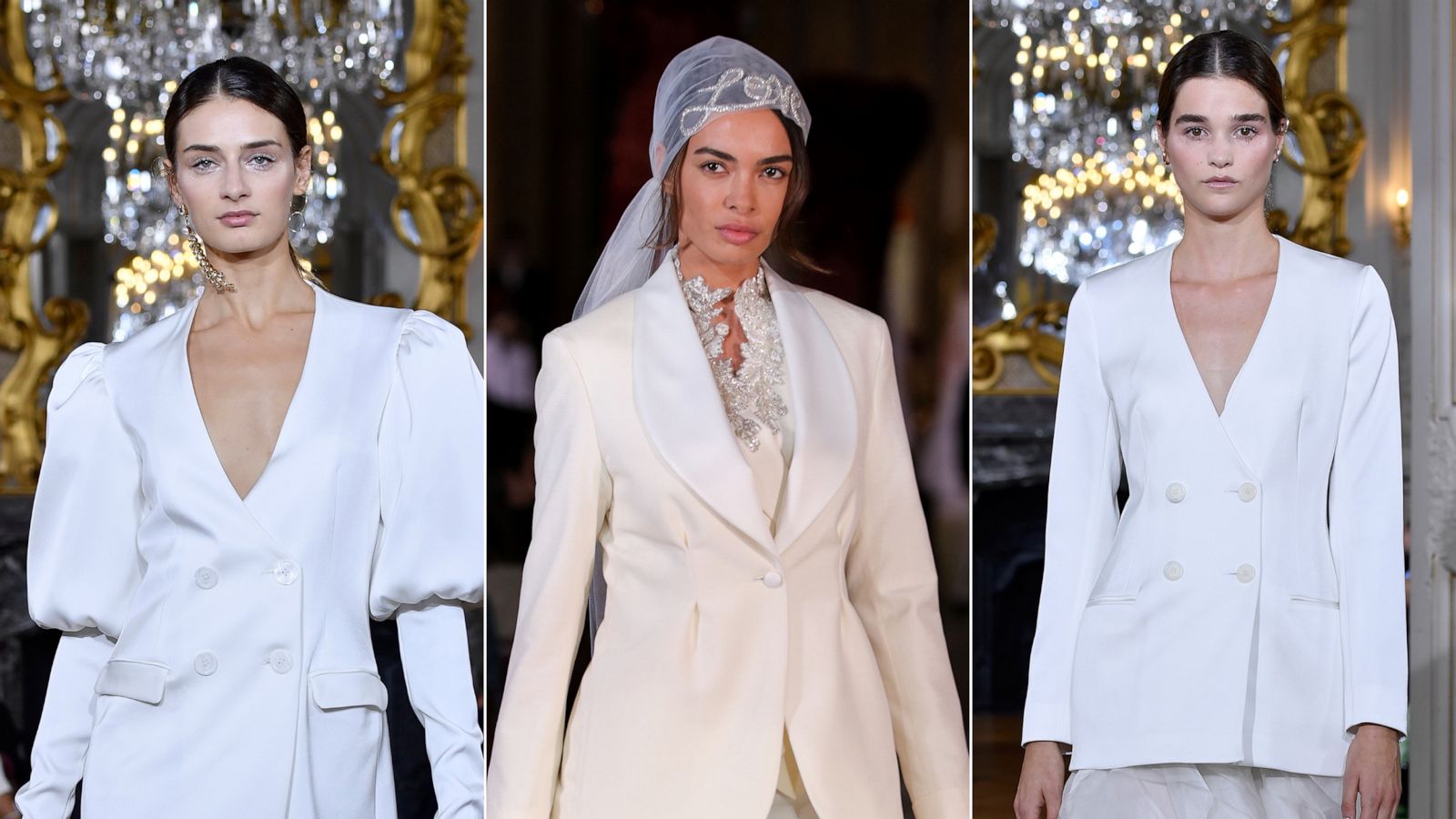 PHOTO: (L & R) A model walks the runway during the Kaviar Gauche"10 Years Bridal Couture" Paris Fashion Week SS20 show on Sept. 27, 2019 in Paris.| (C) A model walks the runway wearing Reem Acra Bridal on April 11, 2019, in New York.