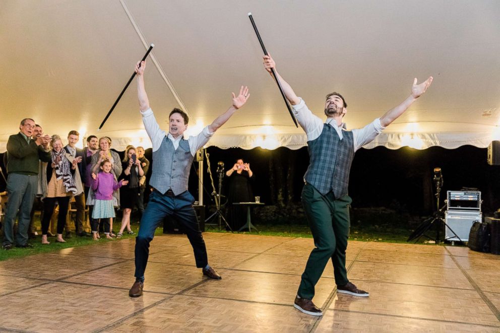 PHOTO: Noah Aberlin and PJ Simmons surprised their guests with an epic dance at their Oct. 7 wedding in Coxsackie, N.Y.