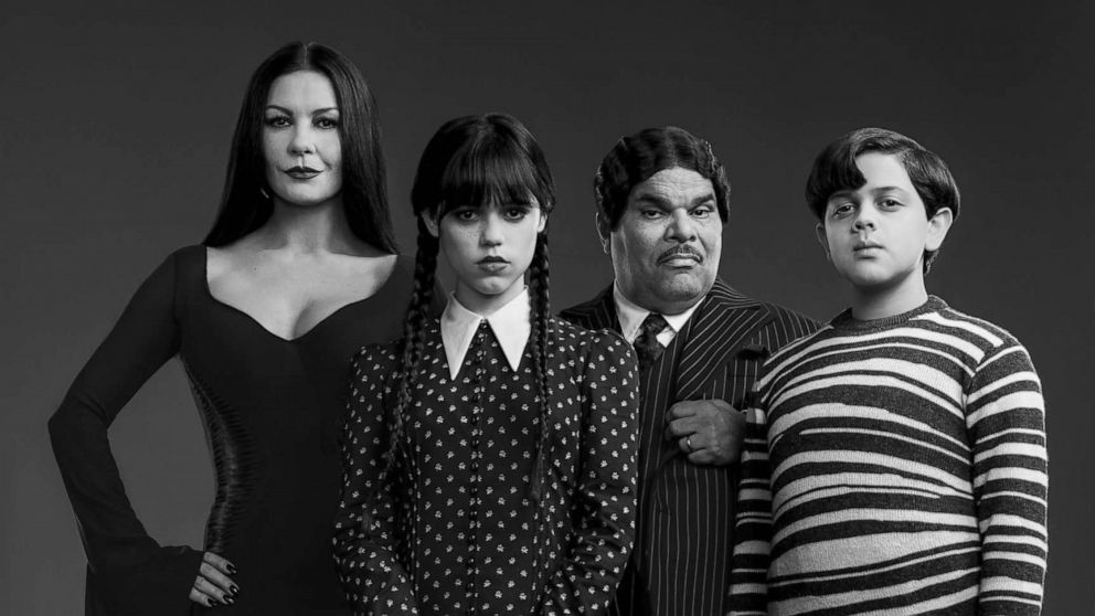 PHOTO: The cast of Netflix's "Wednesday," (L to R) Catherine Zeta-Jones as Morticia Adams, Jenna Ortega as Wednesday Addams, Luis Guzman as Gomez Addams, Issac Ordonez as Pugsley Addams.