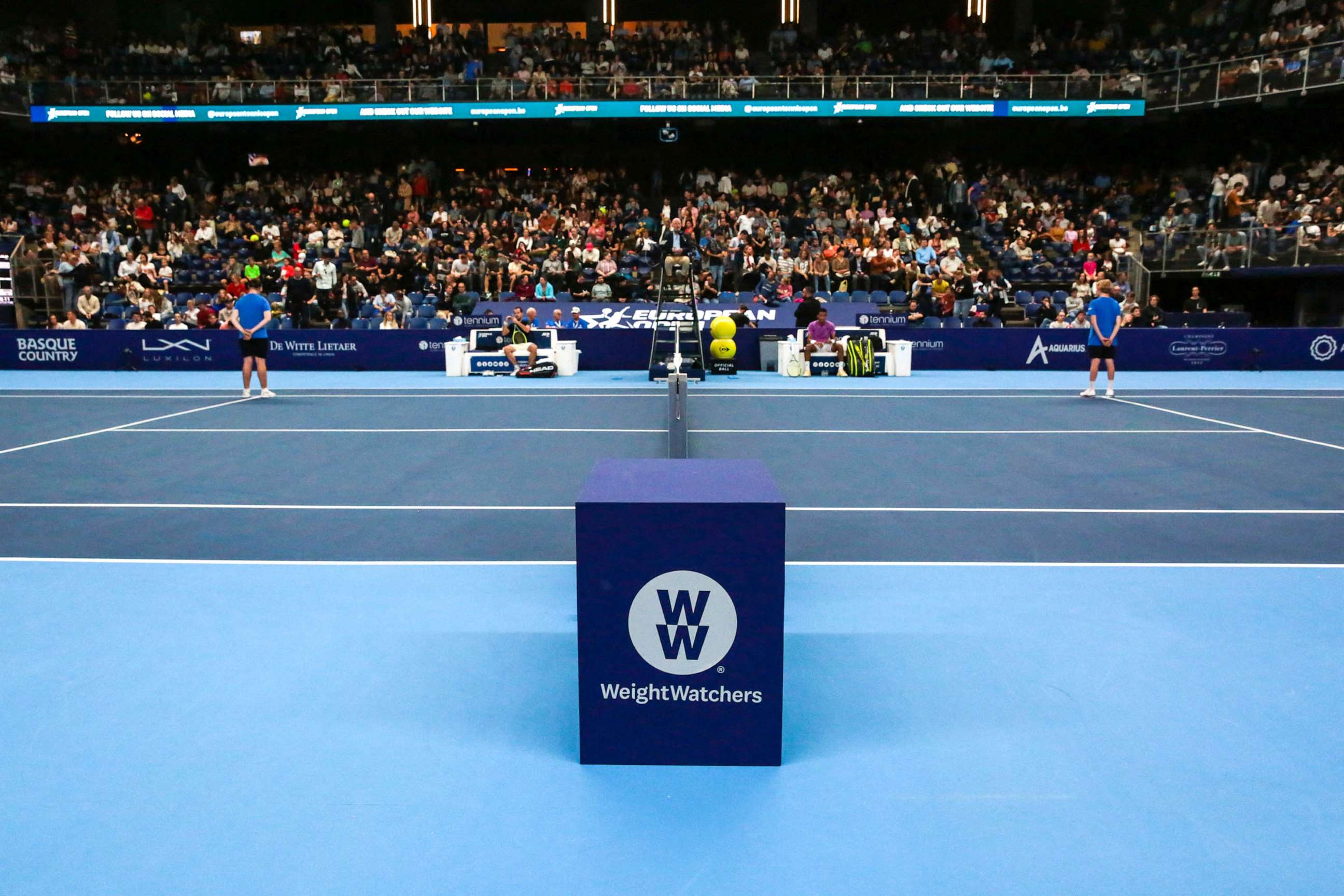 PHOTO: In this Oct. 22, 2022, file photo, the WeightWatchers logo is shown during a tennis tournament in Antwerp.