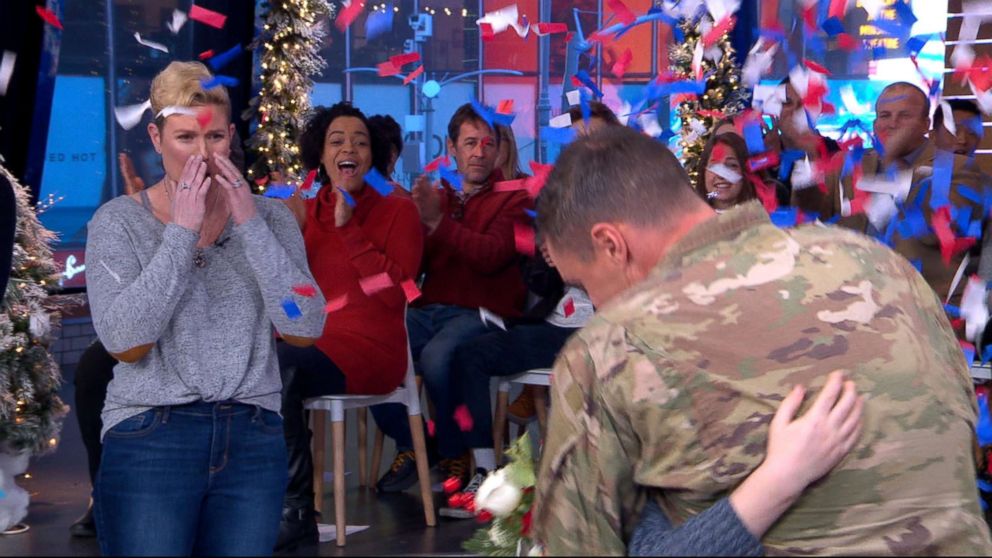 PHOTO: Sgt. Tyler Black who was deployed to Iraq surprised his wife Holly and 9-year-old son ahead of Christmas on "GMA."
