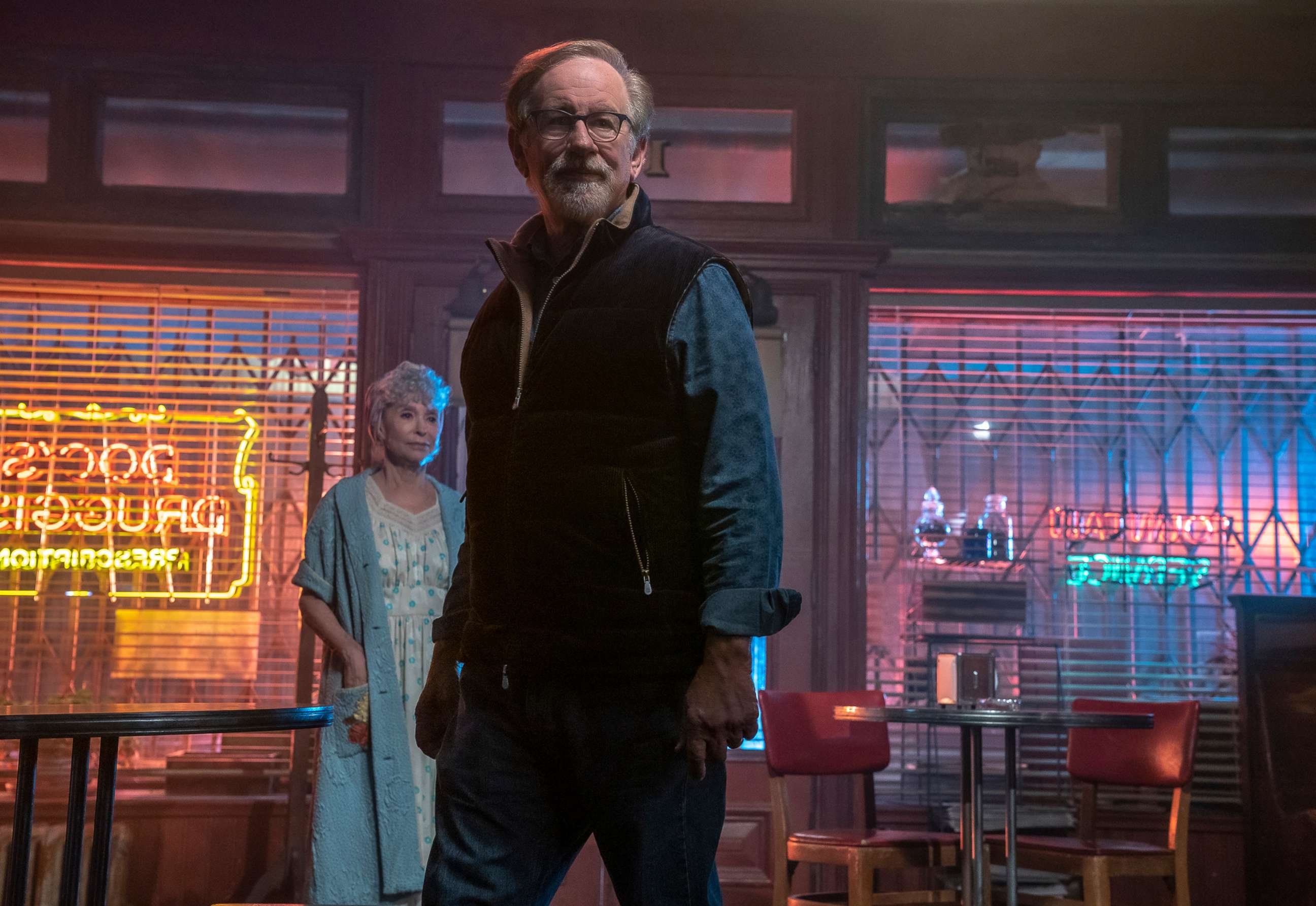 PHOTO: Director Steven Spielberg and Rita Moreno as Valentina on the set of the 2021 film, "West Side Story."