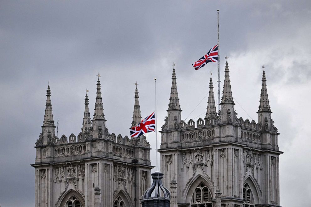 PHOTO: The Union Jack flag flies half mast at Westminster Abbey in London on September 15, 2022, following the death of Britain's Queen Elizabeth II on September 8.