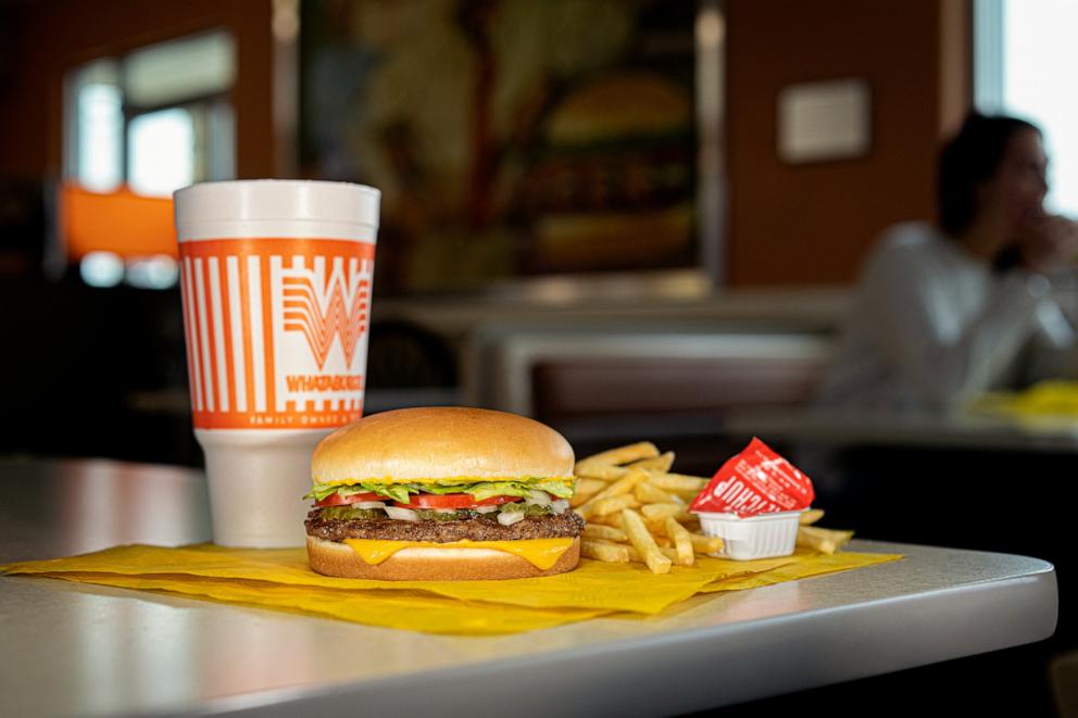 PHOTO: In this undated photo, a Whataburger cheeseburger is seen with fries and a drink.