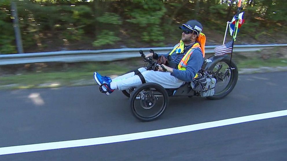 PHOTO: Janne Kouri, who was paralyzed in 2006, completed a 3,100-mile ride across the country, from California to Washington, D.C.