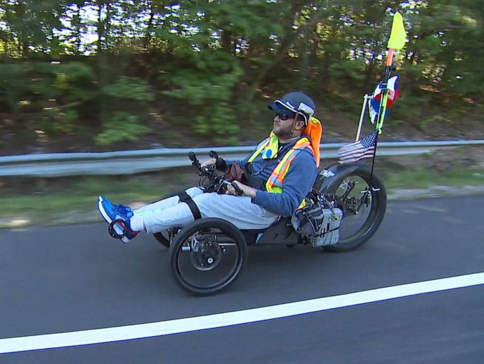 PHOTO: Janne Kouri, who was paralyzed in 2006, completed a 3,100-mile ride across the country, from California to Washington, D.C.