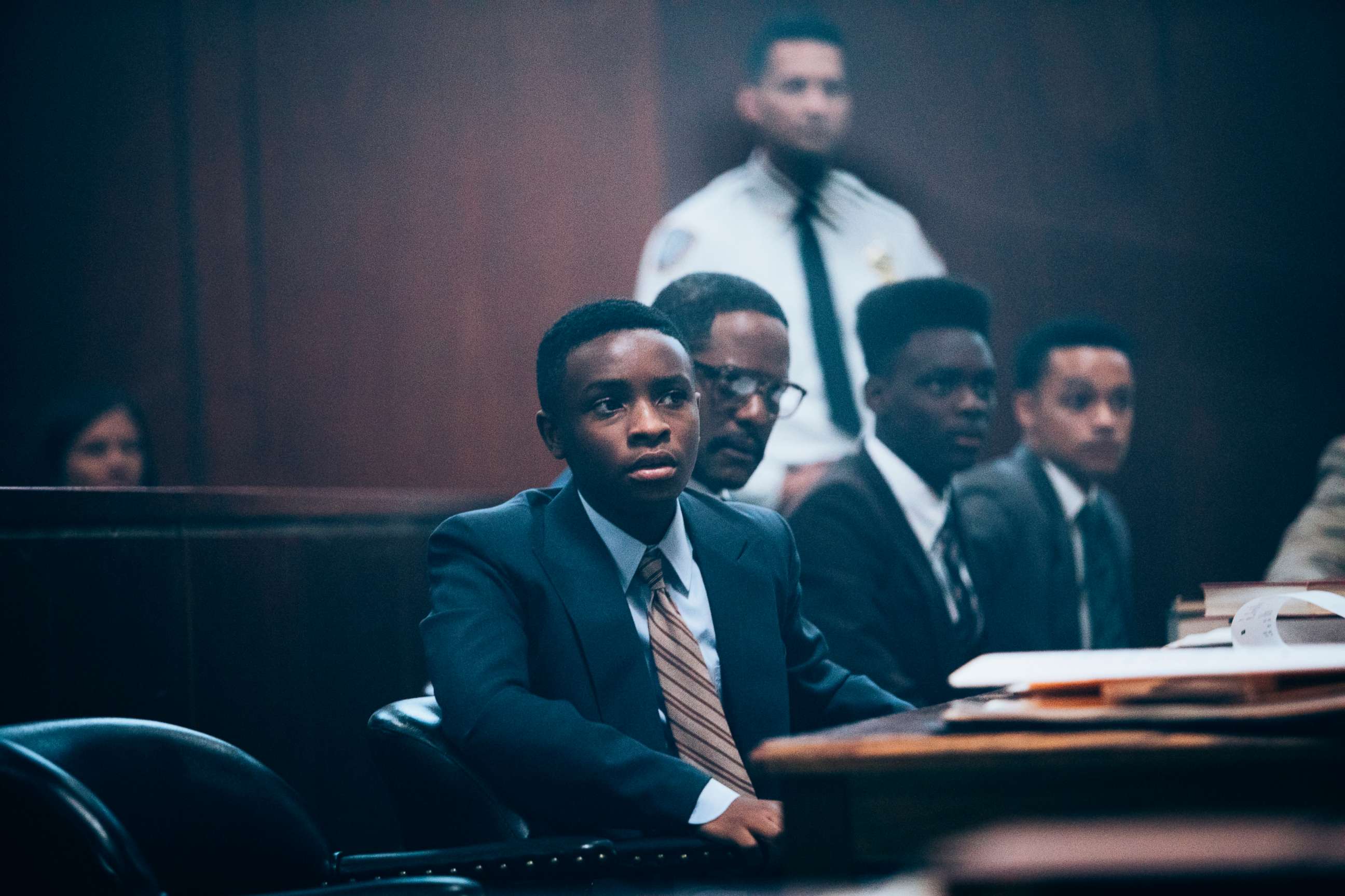 PHOTO: Caleel Harris, as Young Antron McCray, Blair Underwood, as Bobby Burns, Ethan Herisse, as Young Yusef Salaam, and Marquis Rodriguez, as Young Raymond Santana, in a scene from "When They See Us."