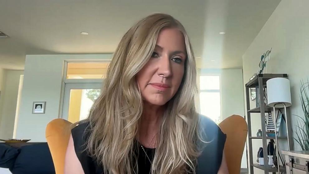PHOTO: Whitney Slough talks to ABC News after her husband, Brent Slough, was seriously injured after getting hit by a boat in the Bahamas.