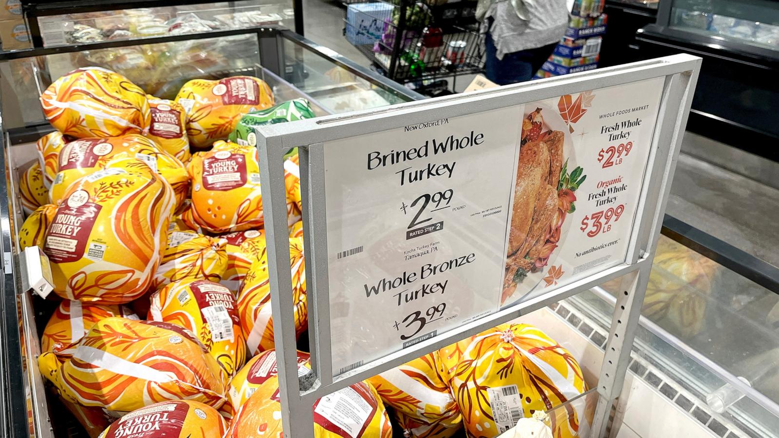 PHOTO: In this Nov. 22, 2023, file photo, turkeys are displayed for sale ahead of the Thanksgiving holiday at a Whole Foods Supermarket in McLean, Virginia.