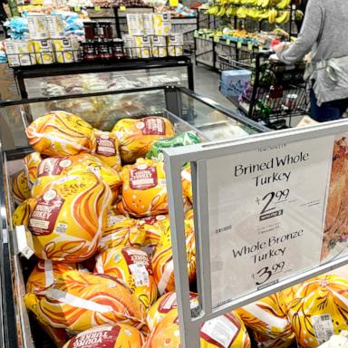 PHOTO: In this Nov. 22, 2023, file photo, turkeys are displayed for sale ahead of the Thanksgiving holiday at a Whole Foods Supermarket in McLean, Virginia.