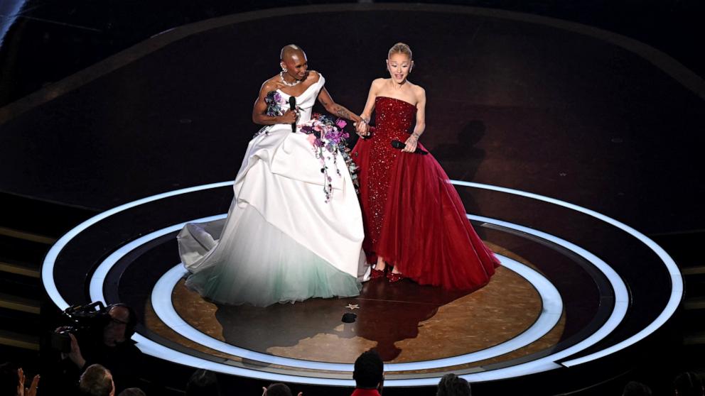 PHOTO: Cynthia Erivo (L) and Ariana Grande perform onstage during the 97th Annual Academy Awards Hollywood March 2, 2025. 