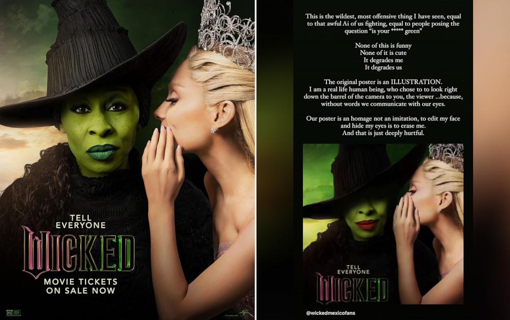 PHOTO: The original movie poster for the film "Wicked" appears on the left and an Instagram story shared by Cynthia Erivo containing an edited "Wicked" poster appears on the right.