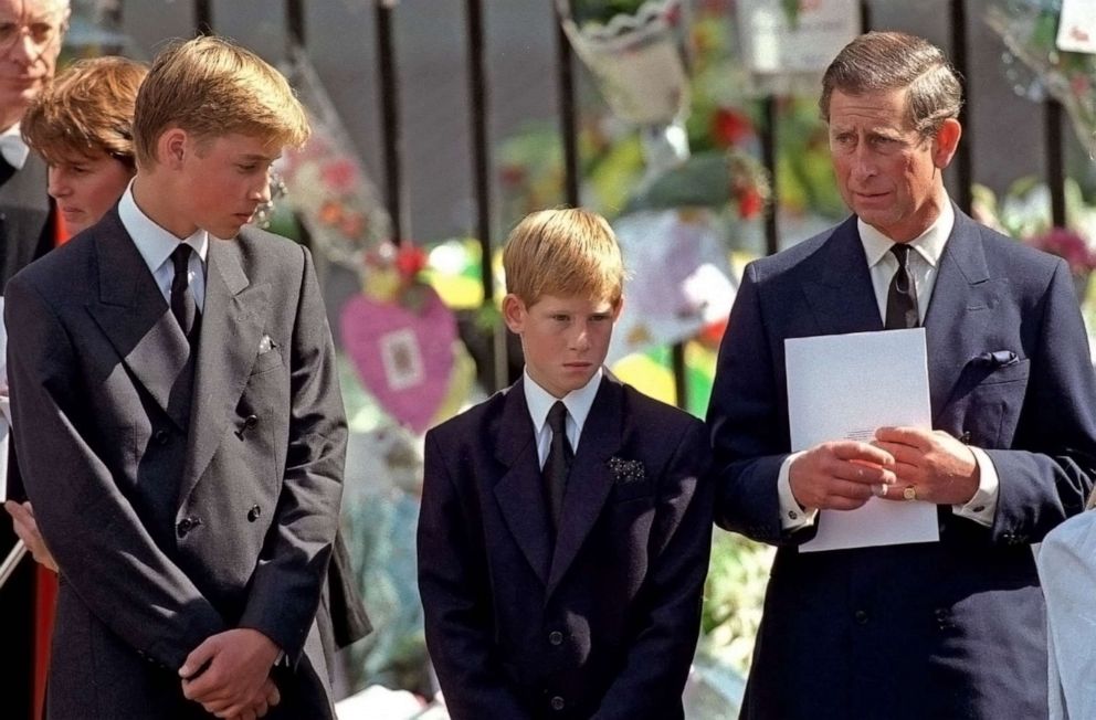 PHOTO: Charles, Prince of Wales and his sons Prince William and Prince Harry stand outside Westminster Abbey at the funeral of Diana, The Princess of Wales on Sept. 6, 1997. 