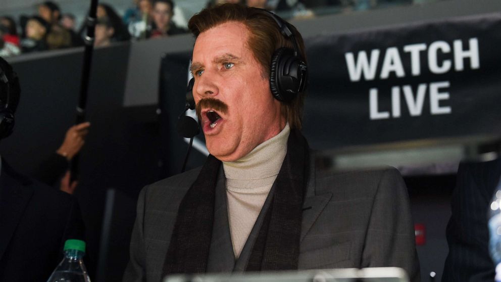 Actor Will Ferrell, in character as Ron Burgundy, calls the game from the broadcast booth during the second period of the game between the San Jose Sharks and the Los Angeles Kings at Staples Center, March 21, 2019, in Los Angeles.