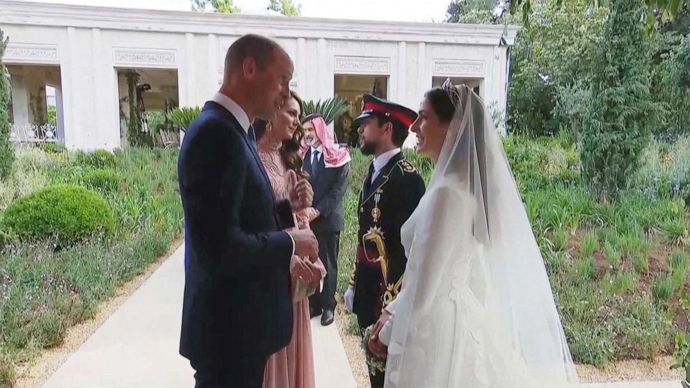 PHOTO: Britain's Prince William and Princess Catherine meet Jordan's Crown Prince Hussein and Rajwa Al Saif at their royal wedding ceremony, in Amman, Jordan, June 1, 2023, in an image from a video.