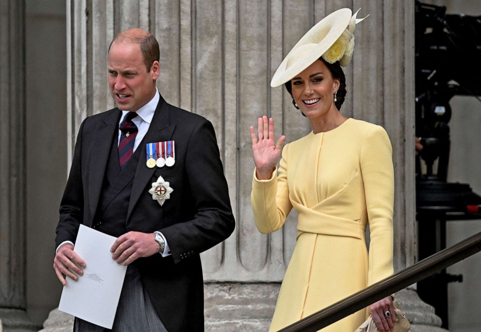 PHOTO: Catherine, Duchess of Cambridge, waves as she and her husband Prince William leave after the National Service of Thanksgiving held at St Paul's Cathedral in celebration of the Platinum Jubilee of Queen Elizabeth, in London, June 3, 2022.