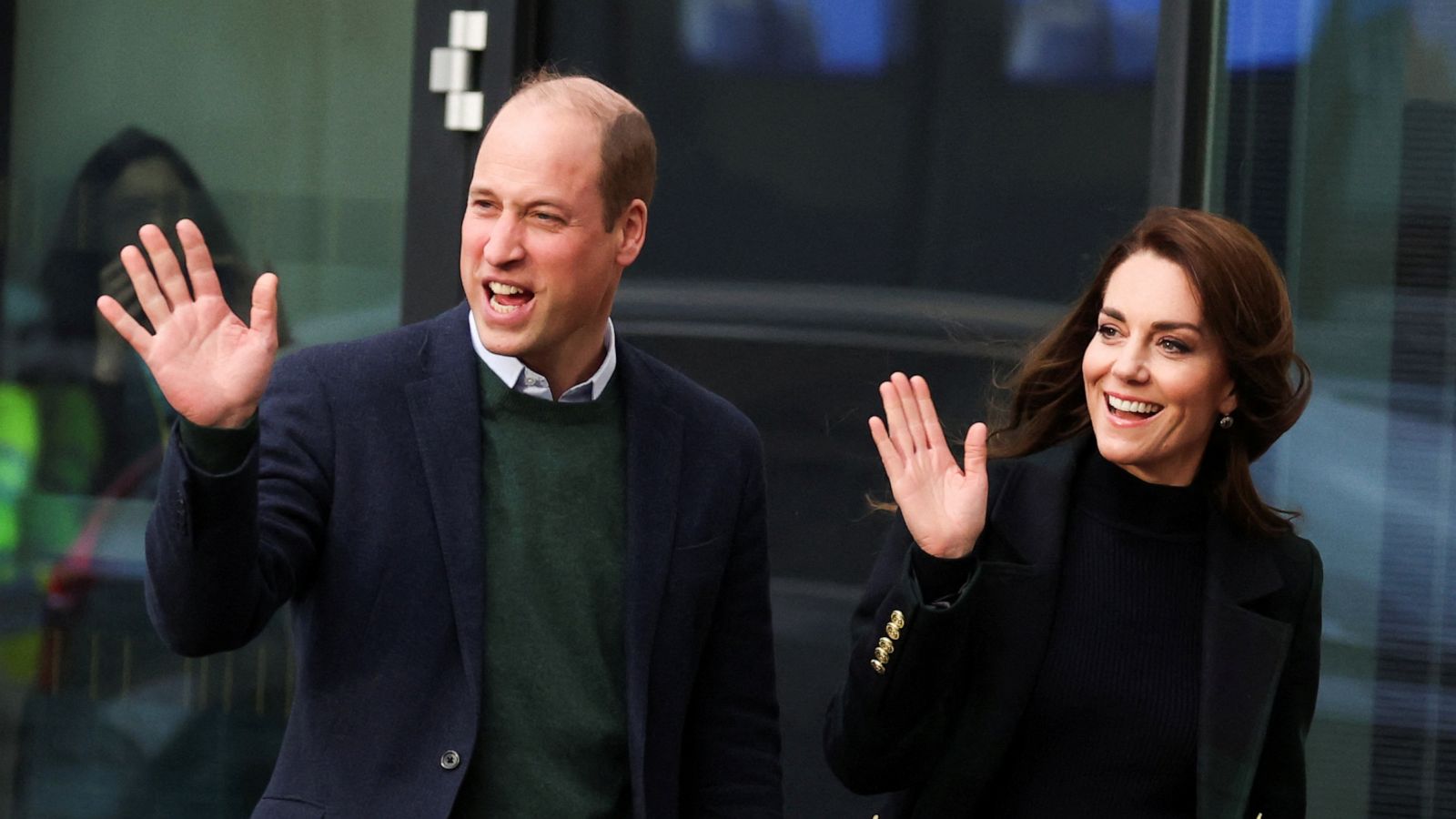 PHOTO: Prince William, Prince of Wales and Catherine, Princess of Wales wave as they visit the Royal Liverpool University hospital in Liverpool, Britain, Jan. 12, 2023.