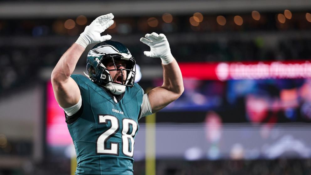 PHOTO: Will Shipley #28 of the Philadelphia Eagles yells out during the fourth quarter in the NFC Championship Game against the Washington Commanders at Lincoln Financial Field in Philadelphia, Jan. 26, 2025.