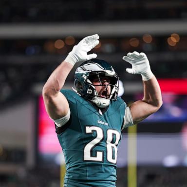 PHOTO: Will Shipley #28 of the Philadelphia Eagles yells out during the fourth quarter in the NFC Championship Game against the Washington Commanders at Lincoln Financial Field in Philadelphia, Jan. 26, 2025.