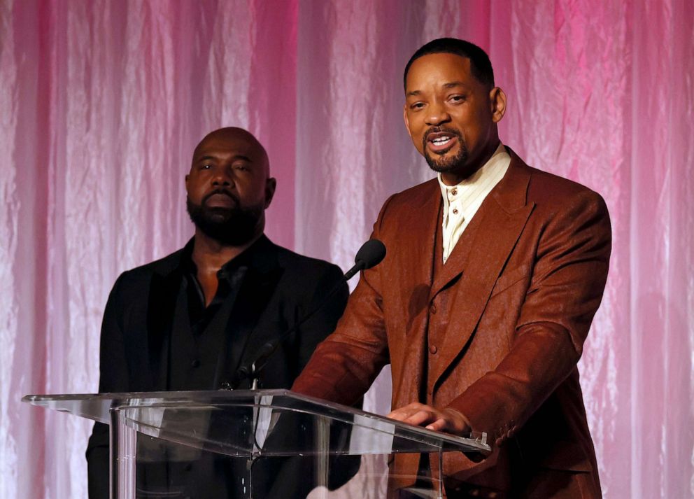 PHOTO: 9L-R) Honorees Antoine Fuqua and Will Smith accept The Beacon Award for "Emancipation" onstage during the 14th Annual AAFCA Awards at Beverly Wilshire, A Four Seasons Hotel, March 1, 2023, in Beverly Hills, Calif.