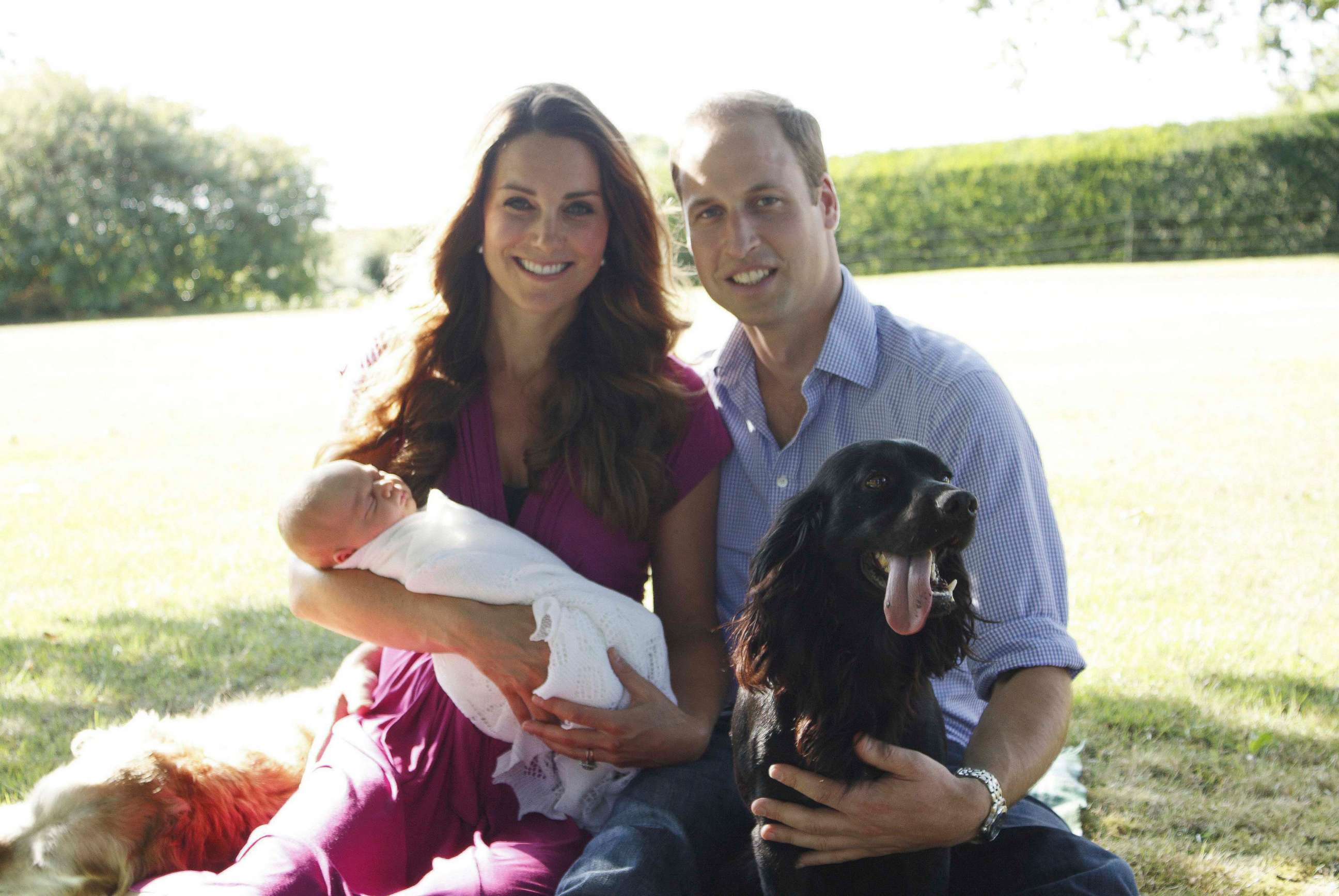 PHOTO: Prince William and Catherine, Duchess of Cambridge, pose in the garden of the Middleton family home in Bucklebury, southern England, with their son Prince George and cocker spaniel Lupo in this undated photograph released Aug. 19, 2013.