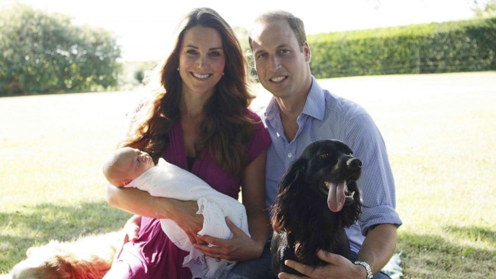 PHOTO: Prince William and Catherine, Duchess of Cambridge, pose in the garden of the Middleton family home in Bucklebury, southern England, with their son Prince George and cocker spaniel Lupo in this undated photograph released Aug. 19, 2013.