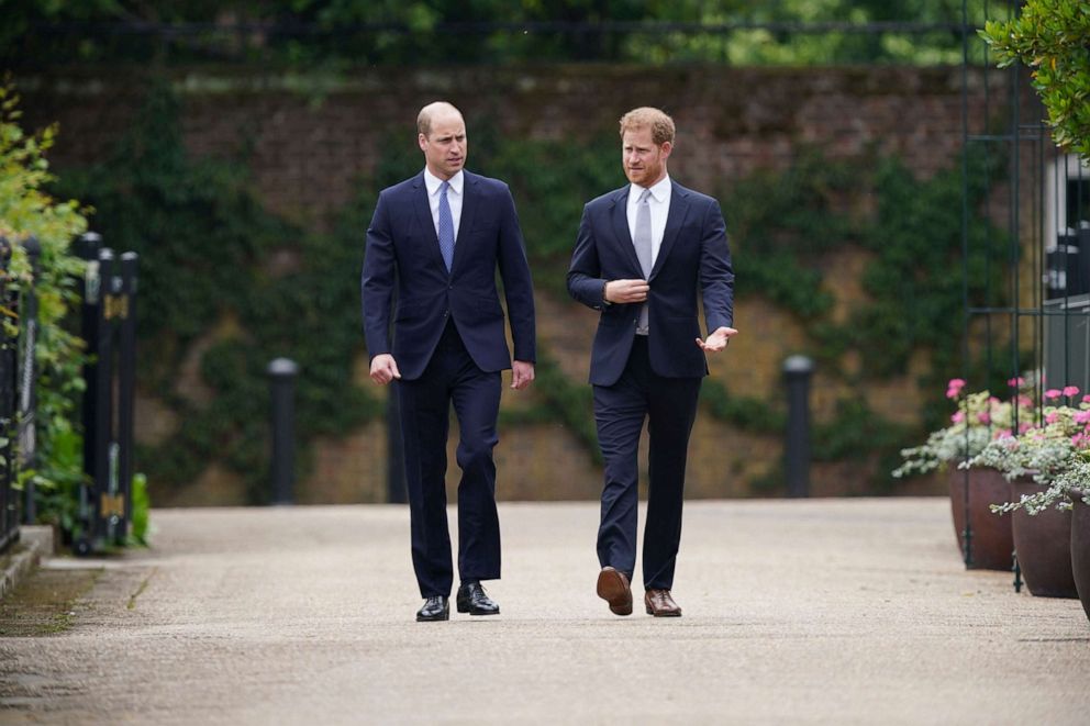 PHOTO: In this July 1, 2021 file photo Britain's Prince William and Prince Harry arrive for the statue unveiling on what would have been Princess Diana's 60th birthday, in the Sunken Garden at Kensington Palace, London.