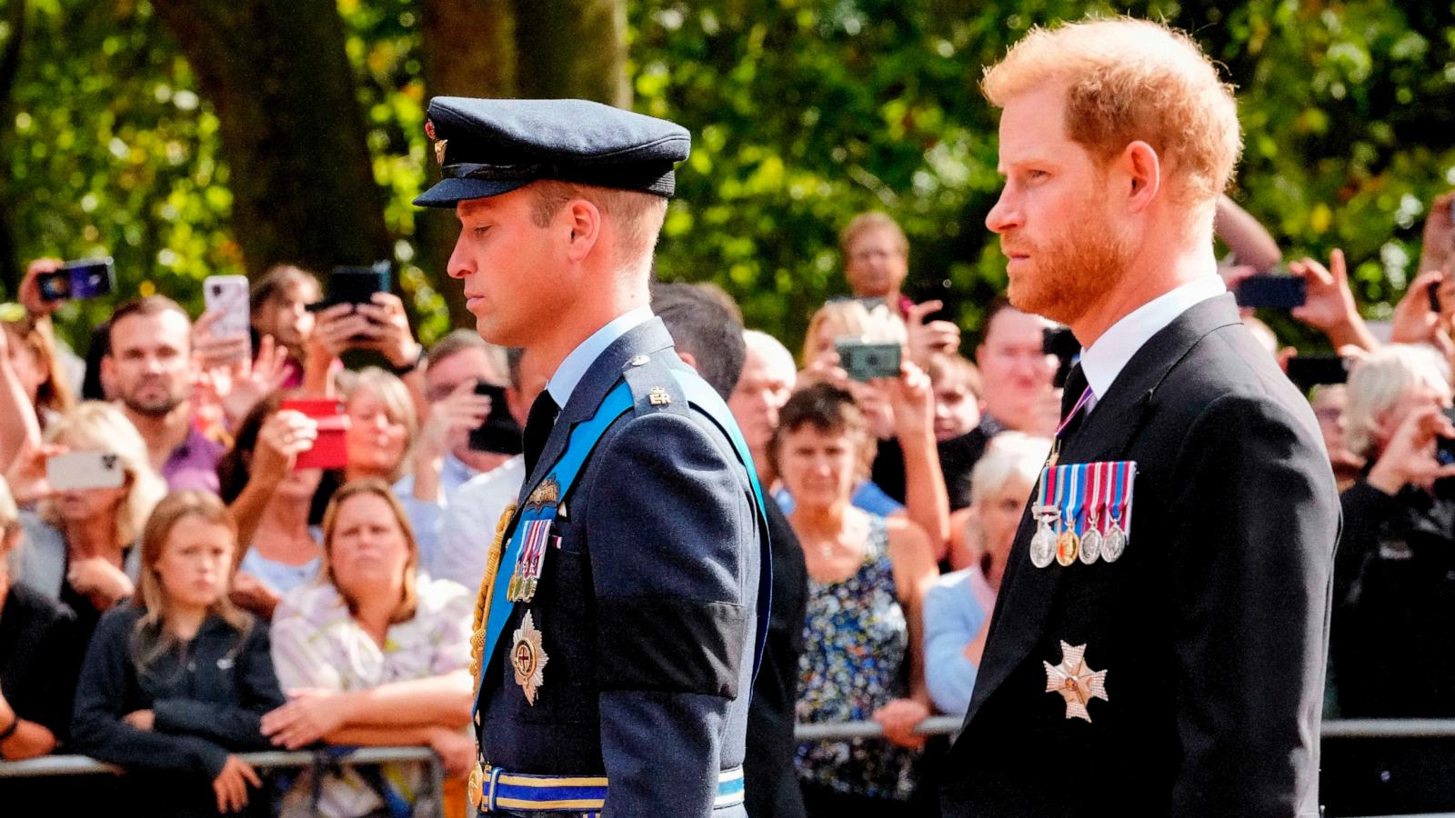 PHOTO: In this Sept. 14, 2022 file photo Prince William, Prince of Wales and Prince Harry, Duke of Sussex walk behind the coffin during the ceremonial procession of the coffin of Queen Elizabeth II from Buckingham Palace to Westminster Hall in London.