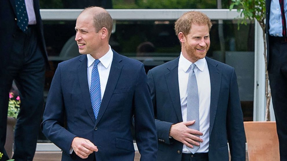 Britain's Prince William, Duke of Cambridge and Prince Harry, Duke of Sussex arrive for the unveiling of a statue of their mother, Princess Diana at The Sunken Garden in Kensington Palace, London, July 1, 2021.