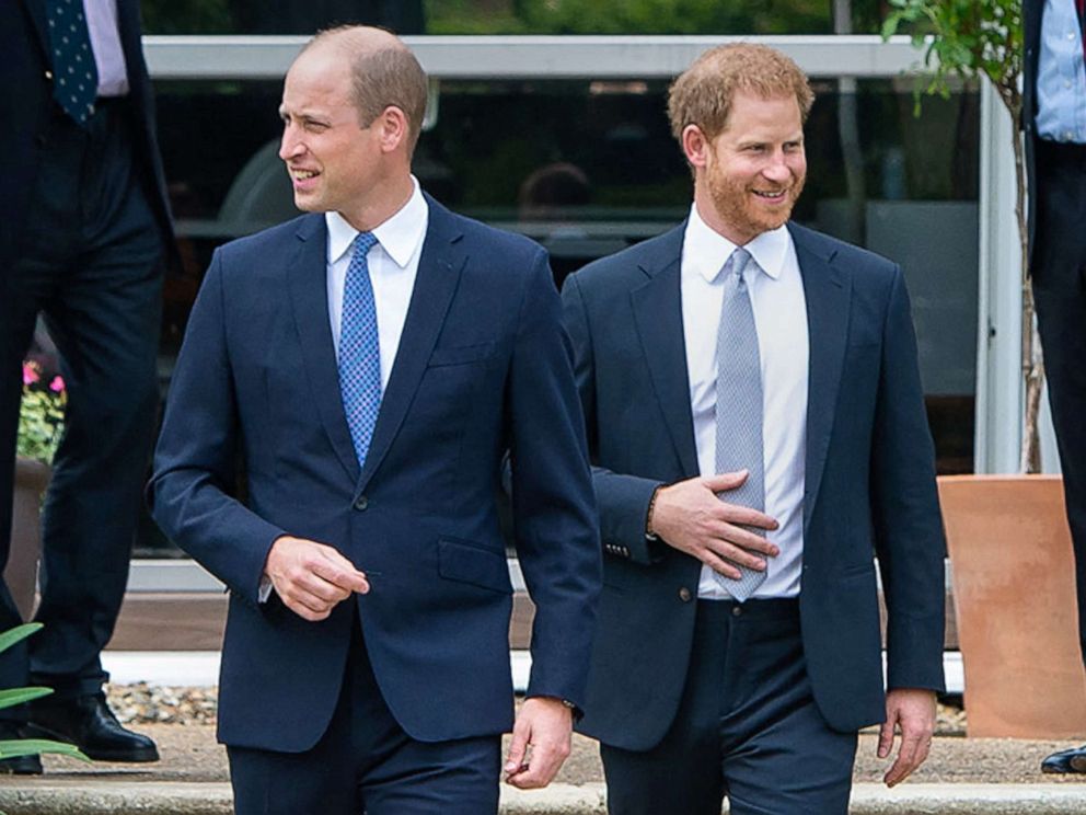 PHOTO: Britain's Prince William, Duke of Cambridge and Prince Harry, Duke of Sussex arrive for the unveiling of a statue of their mother, Princess Diana at The Sunken Garden in Kensington Palace, London, July 1, 2021.