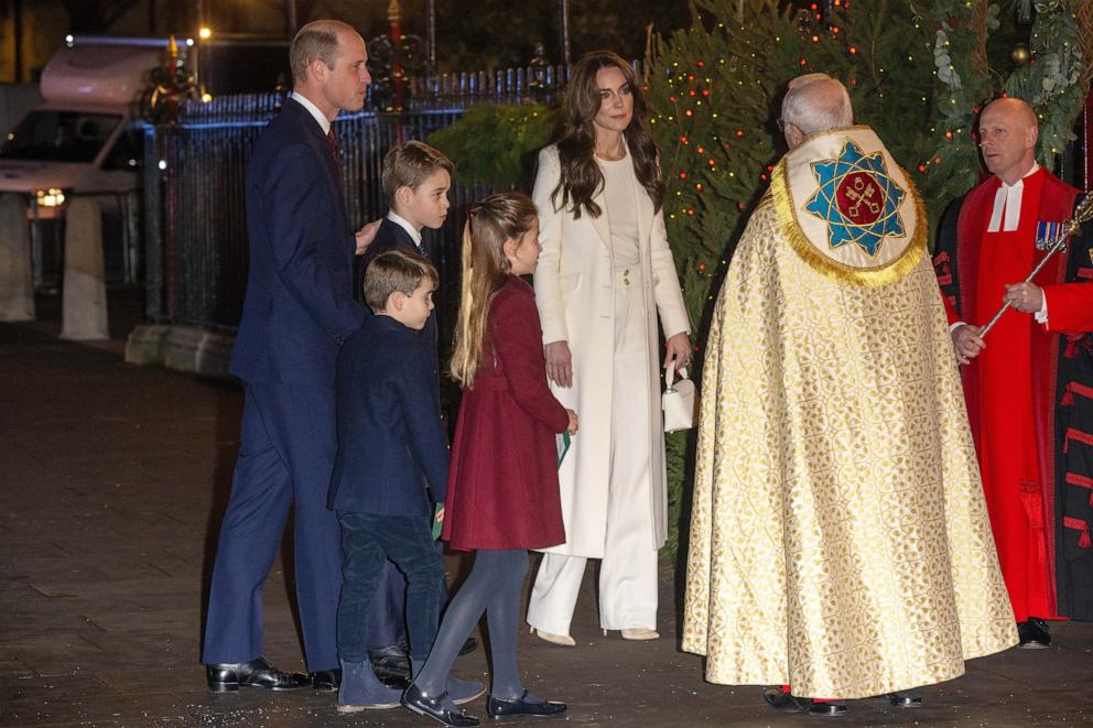 PHOTO: William, Prince of Wales, Princess Charlotte, Prince George, Prince Louis and Catherine Princess of Wales attend the Together At Christmas carol service at Westminster Abbey in London, Dec. 8, 2023