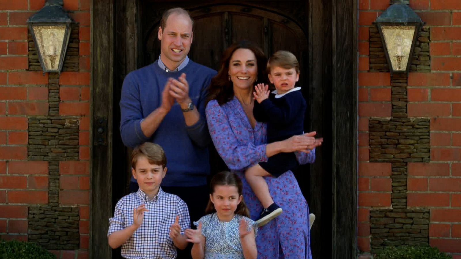 PHOTO: In this screengrab, Prince William, Duke of Cambridge, Catherine Duchess of Cambridge, and their children clap for NHS carers as part of the BBC Children In Need and Comic Relief 'Big Night In at London on April 23, 2020 in London.