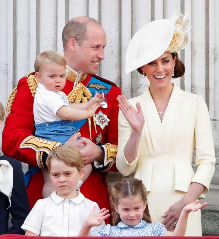 PHOTO: Prince William, Duke of Cambridge, Catherine, Duchess of Cambridge, Prince Louis, Prince George and Princess Charlotte stand on the balcony of Buckingham Palace for Trooping The Colour, the Queen's annual birthday parade, June 8, 2019, in London.