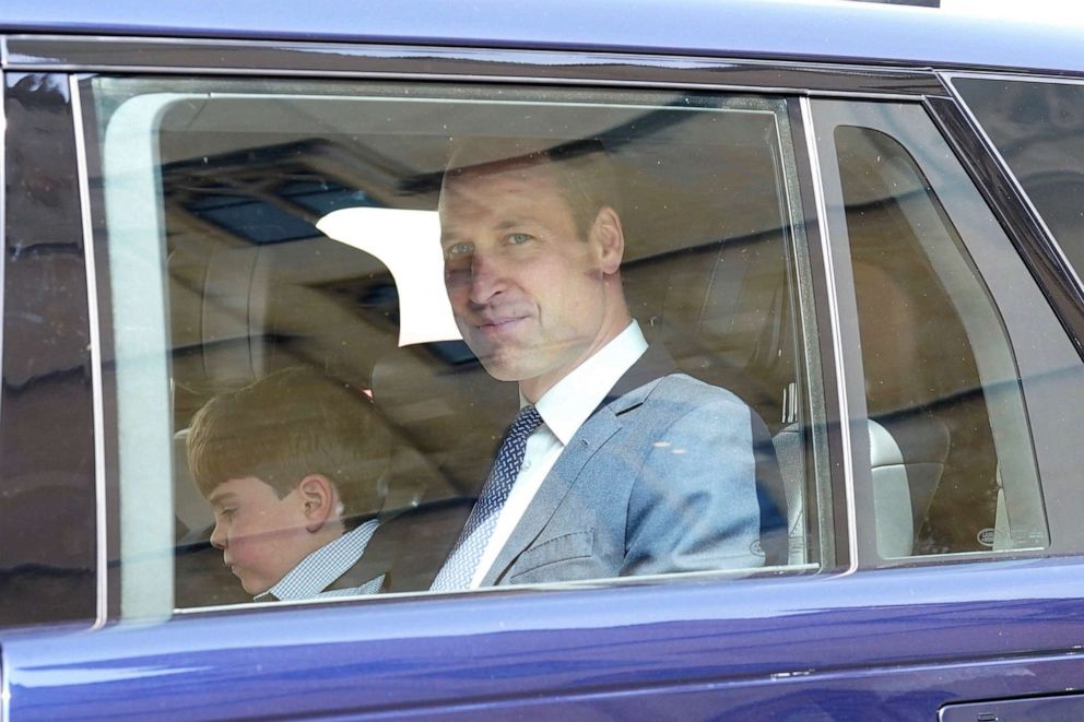 PHOTO: Britain's Prince William and Prince Louis leave Westminster Abbey in central London, Wednesday, May 3, 2023, following a rehearsal for the coronation of King Charles III.