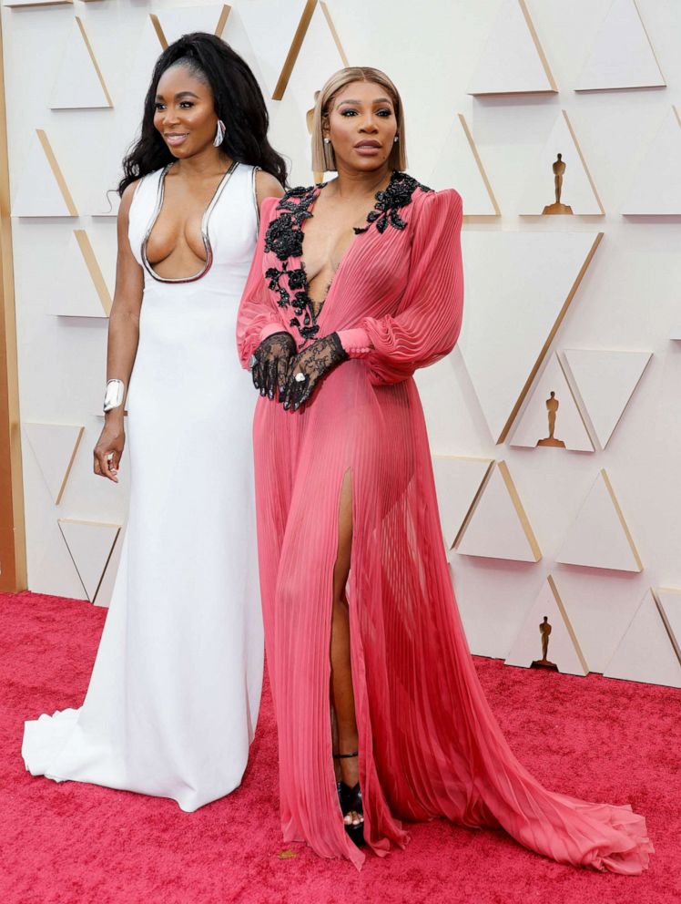 PHOTO: Professional tennis players Venus and Serena Williams pose on the red carpet during the Oscars arrivals at the 94th Academy Awards in Hollywood, Los Angeles, March 27, 2022.