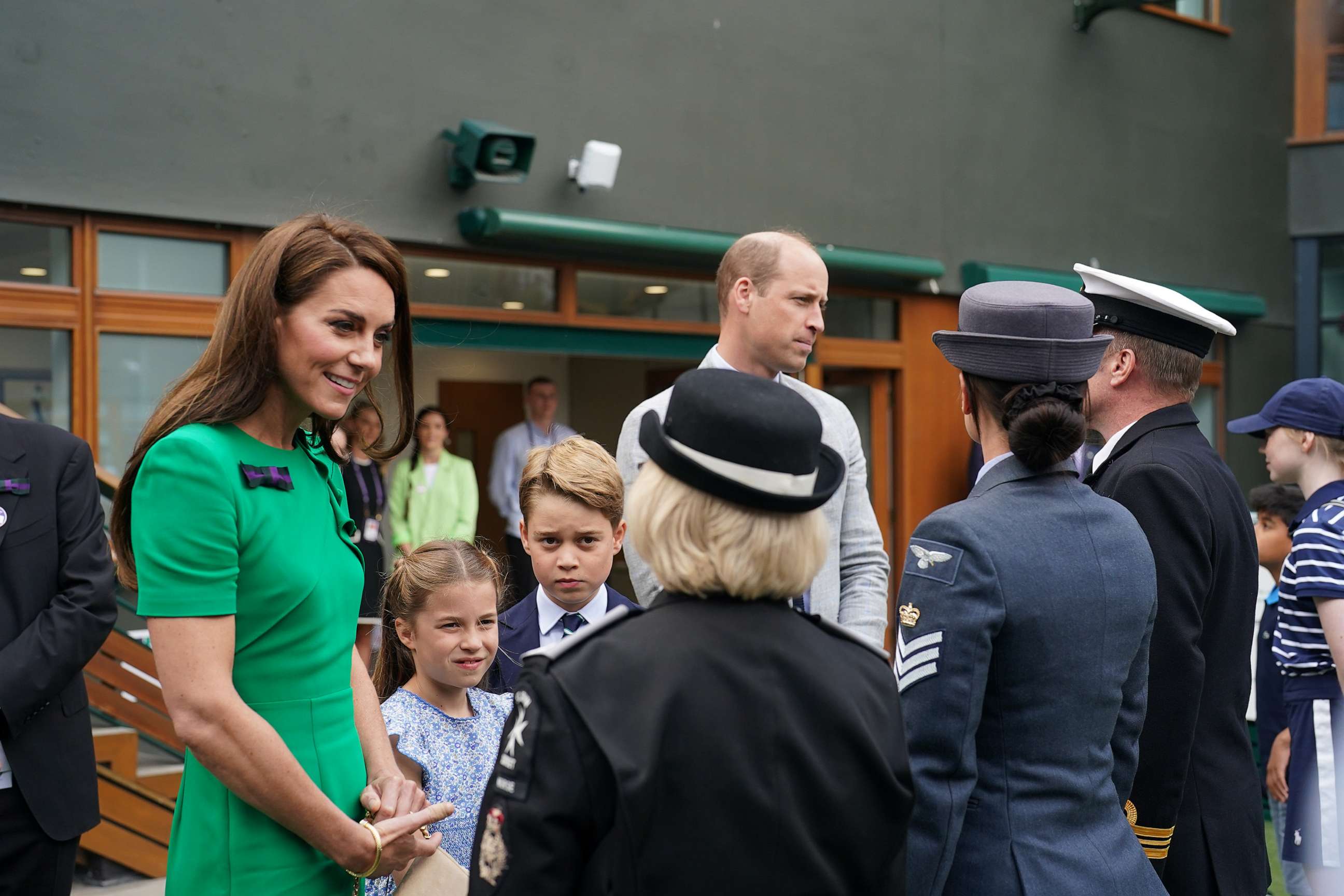 PHOTO: Catherine, Princess of Wales, Princess Charlotte, Prince George and Prince William, Prince of Wales arrive to attend day fourteen of the Wimbledon Tennis Championships, July 16, 2023, in London.