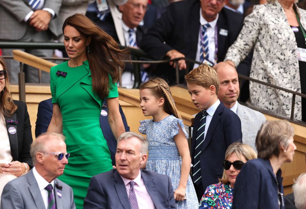 PHOTO: Catherine, Princess of Wales, Princess Charlotte of Wales, Prince George of Wales and Prince William, Prince of Wales, are seen in the Royal Box on day fourteen of The Championships Wimbledon 2023, July 16, 2023, in London.