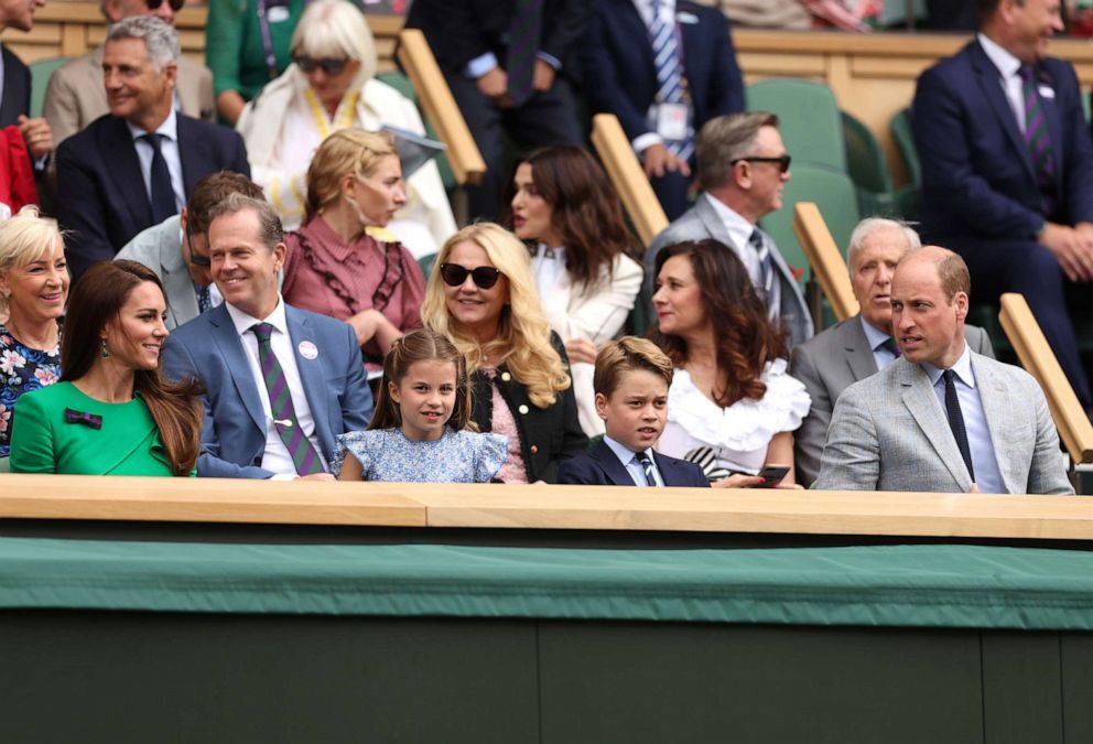 PHOTO: Catherine, Princess of Wales, Princess Charlotte of Wales, Prince George of Wales and Prince William, Prince of Wales, are seen in the Royal Box on day fourteen of The Championships Wimbledon 2023, July 16, 2023, in London.