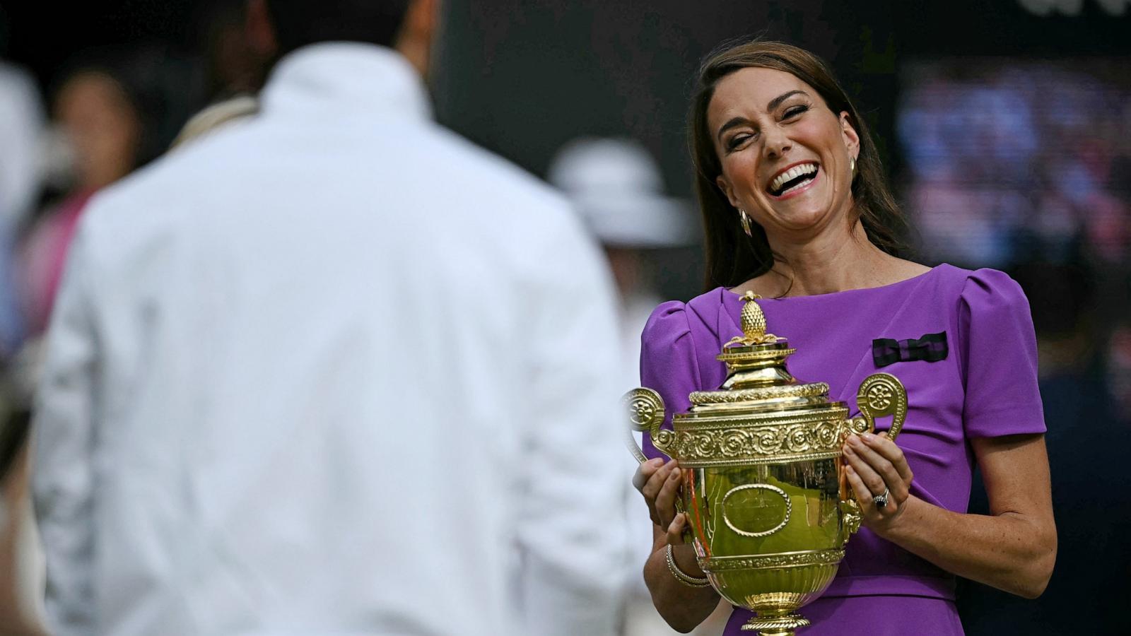 PHOTO: Britain's Catherine, Princess of Wales prepares to give the winner's trophy to Spain's Carlos Alcaraz following his victory at 2024 Wimbledon Championships, southwest London, on July 14, 2024.