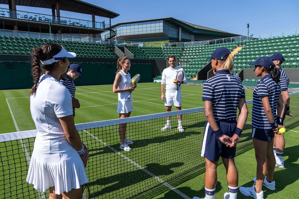 PHOTO: The Princess of Wales and Wimbledon Champion Roger Federer playing tennis on No.3 Court at The All England Lawn Tennis Club, Wimbledon, London, June 8, 2023.