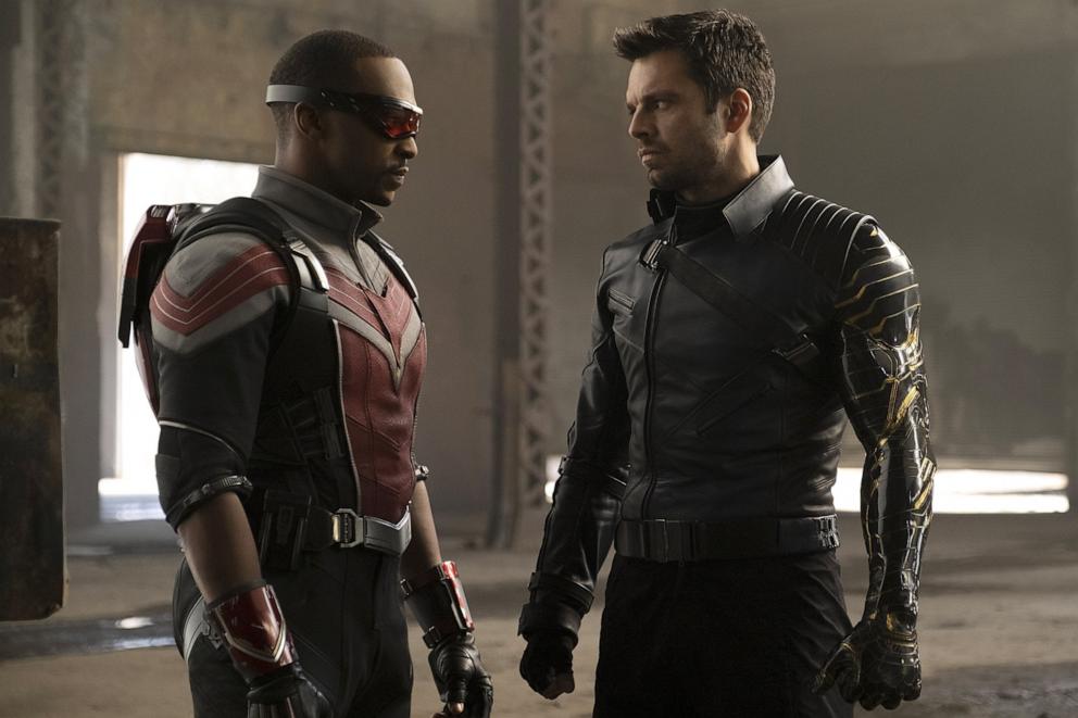 PHOTO: Anthony Mackie as Sam Wilson and Sebastian Stan Sebastian Stan as Bucky Barnes, in a scene from "The Falcon and The Winter Soldier," 2021. 