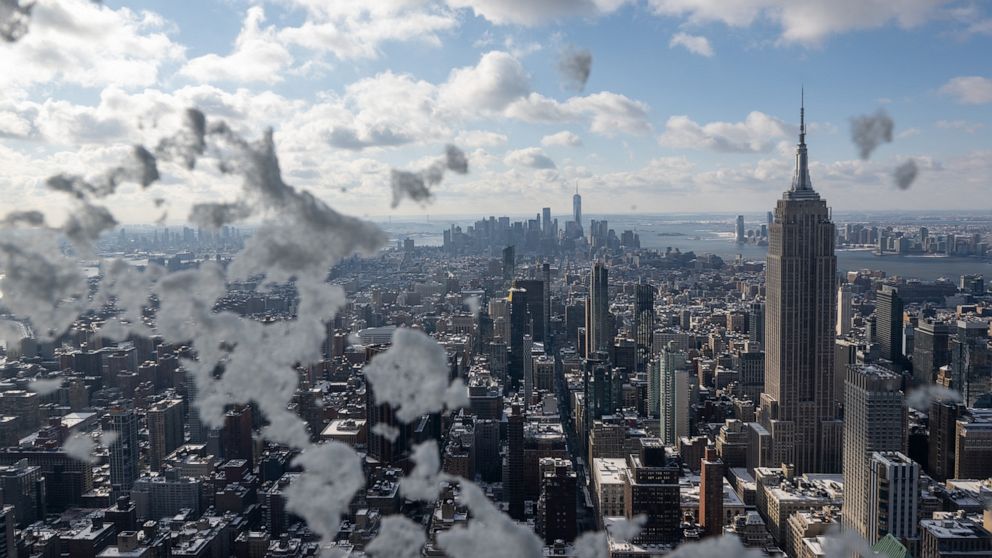 PHOTO: The first snow of the season frames the Manhattan skyline as viewed from Summit One Vanderbilt in New York, Jan. 7, 2022.