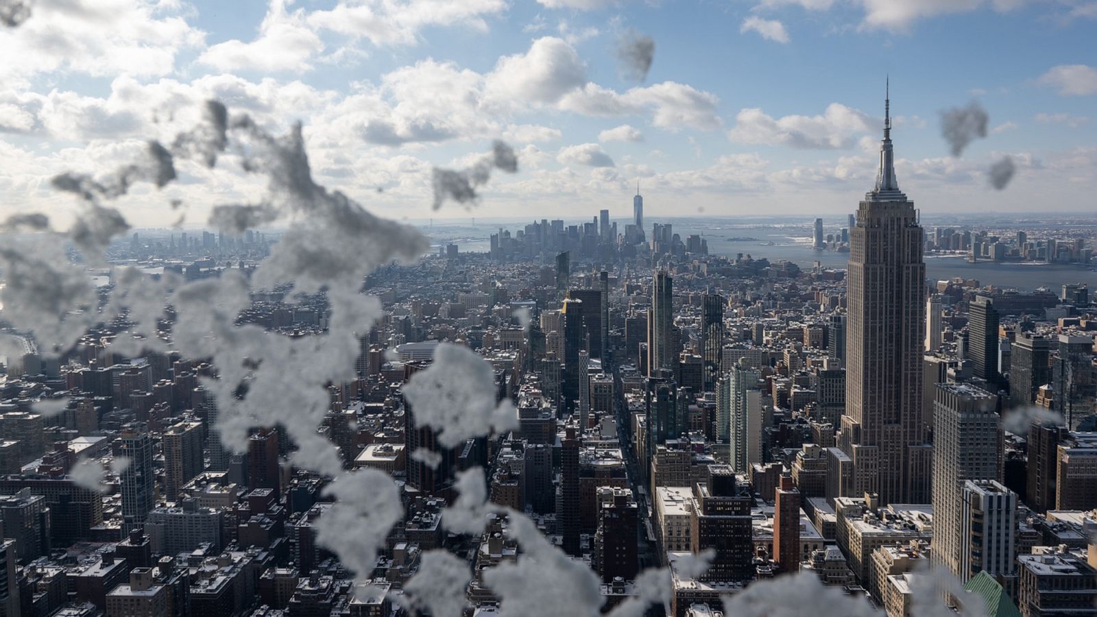 PHOTO: The first snow of the season frames the Manhattan skyline as viewed from Summit One Vanderbilt in New York, Jan. 7, 2022.