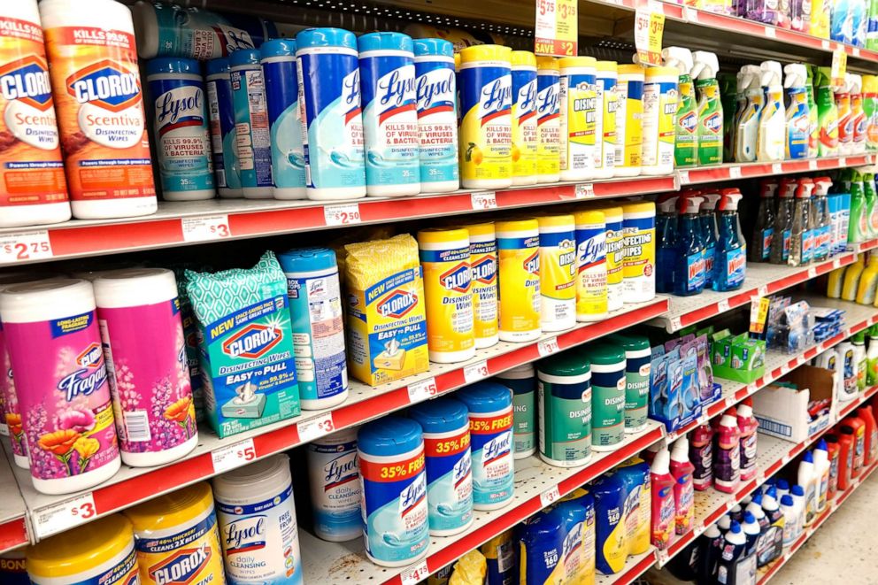 PHOTO: Anti-bacterial wipes and cleaning products.