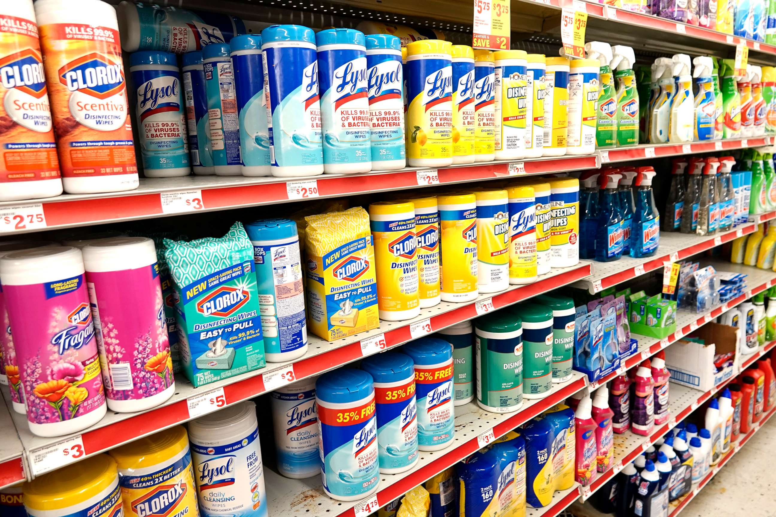 PHOTO: In this Dec. 28, 2018 file photo anti-bacterial wipes and cleaning products are seen.