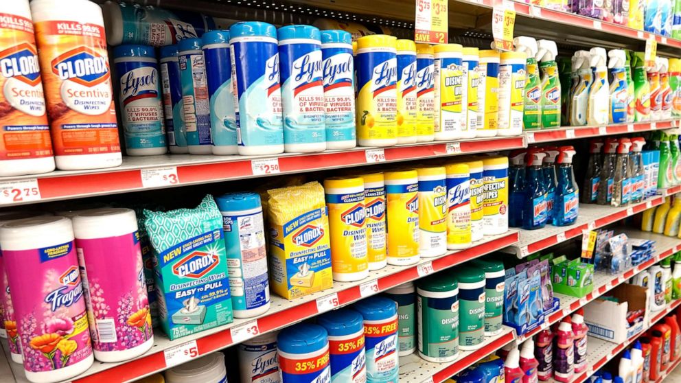 PHOTO: In this Dec. 28, 2018 file photo anti-bacterial wipes and cleaning products are seen.