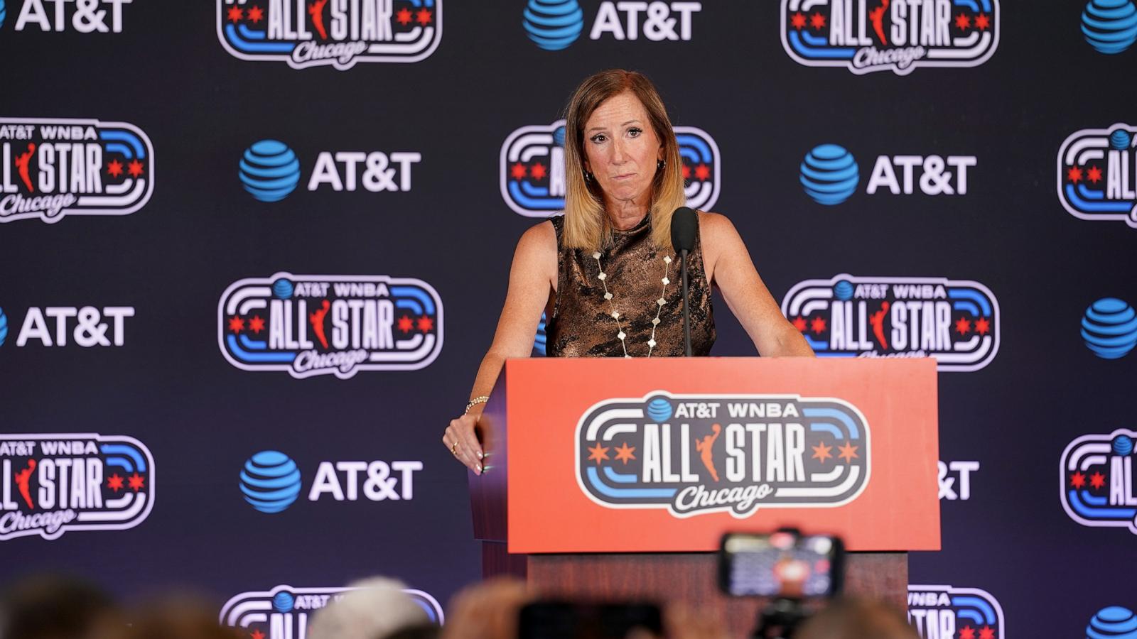 PHOTO: WNBA Commissioner Cathy Engelbert speaks to the media during a press conference prior to the 2026 AT&T WNBA All-Star Game between Team Coop and Team Spoon at the United Center, July 25, 2026, in Chicago.