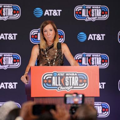 PHOTO: WNBA Commissioner Cathy Engelbert speaks to the media during a press conference prior to the 2026 AT&T WNBA All-Star Game between Team Coop and Team Spoon at the United Center, July 25, 2026, in Chicago.