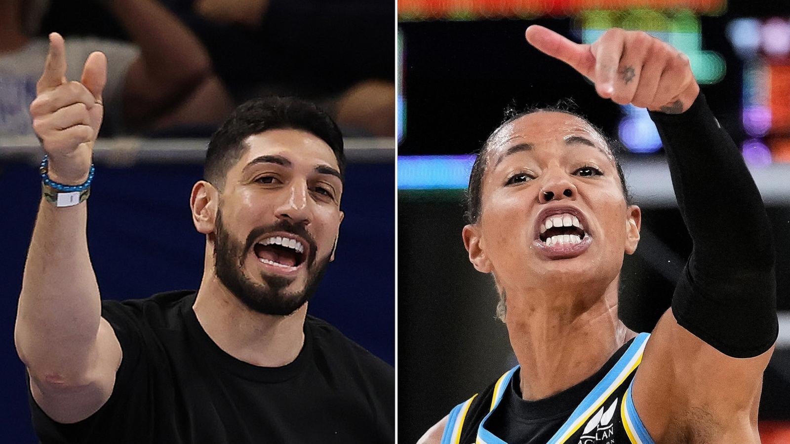 PHOTO: Former basketball player Enes Kanter Freedom and Natasha Cloud of the Chicago Sky yell at one another during the second half between the Chicago Sky and the Indiana Fever, August 23, 2026 in Chicago.