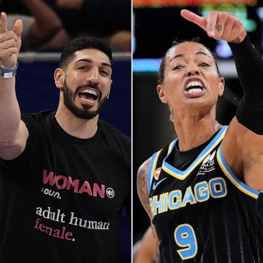 PHOTO: Former basketball player Enes Kanter Freedom and Natasha Cloud of the Chicago Sky yell at one another during the second half between the Chicago Sky and the Indiana Fever, August 23, 2026 in Chicago.